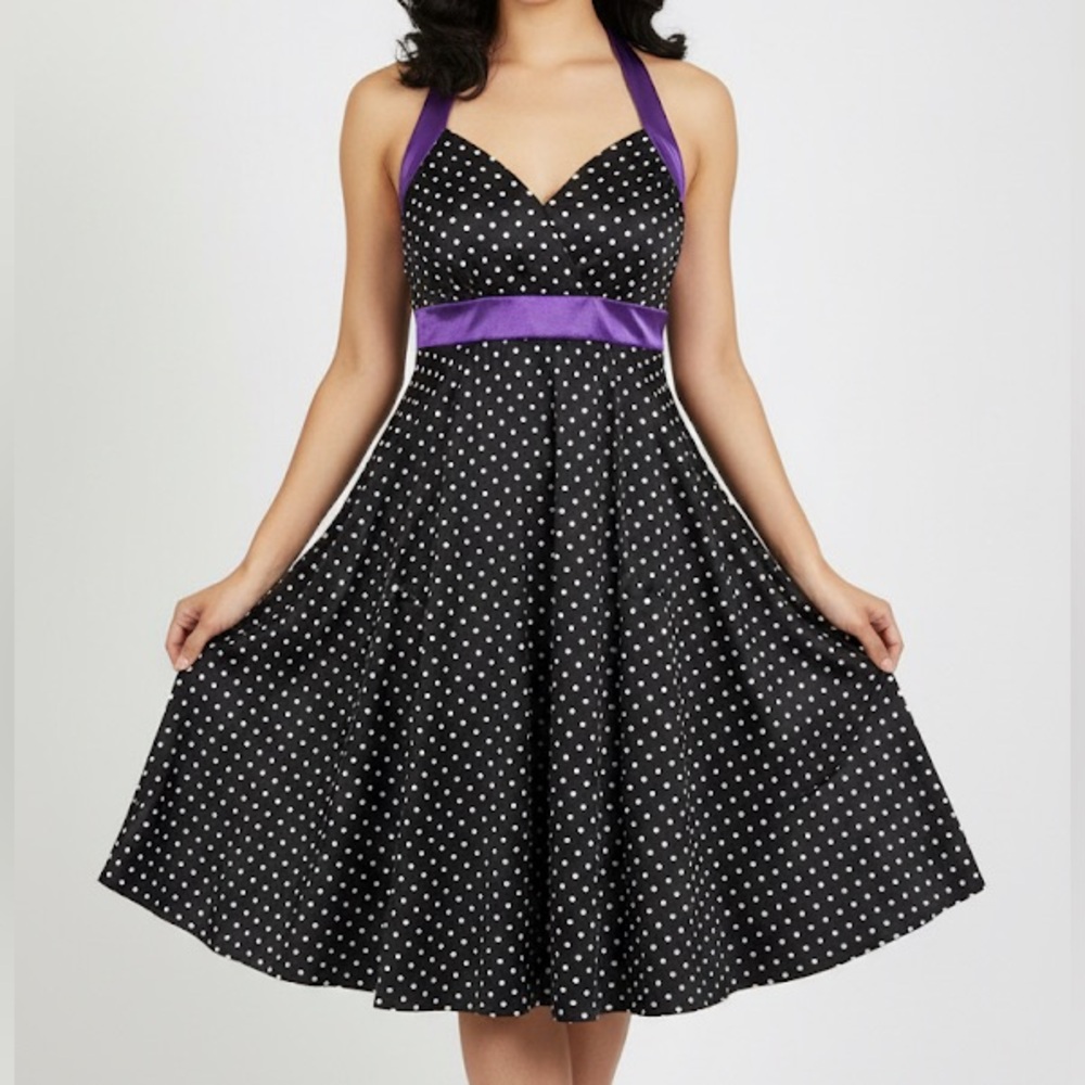 Ruby Rox Polka Dot Halter Dress - S - black Purple Accents - NWOT‎ - Fit & Flare